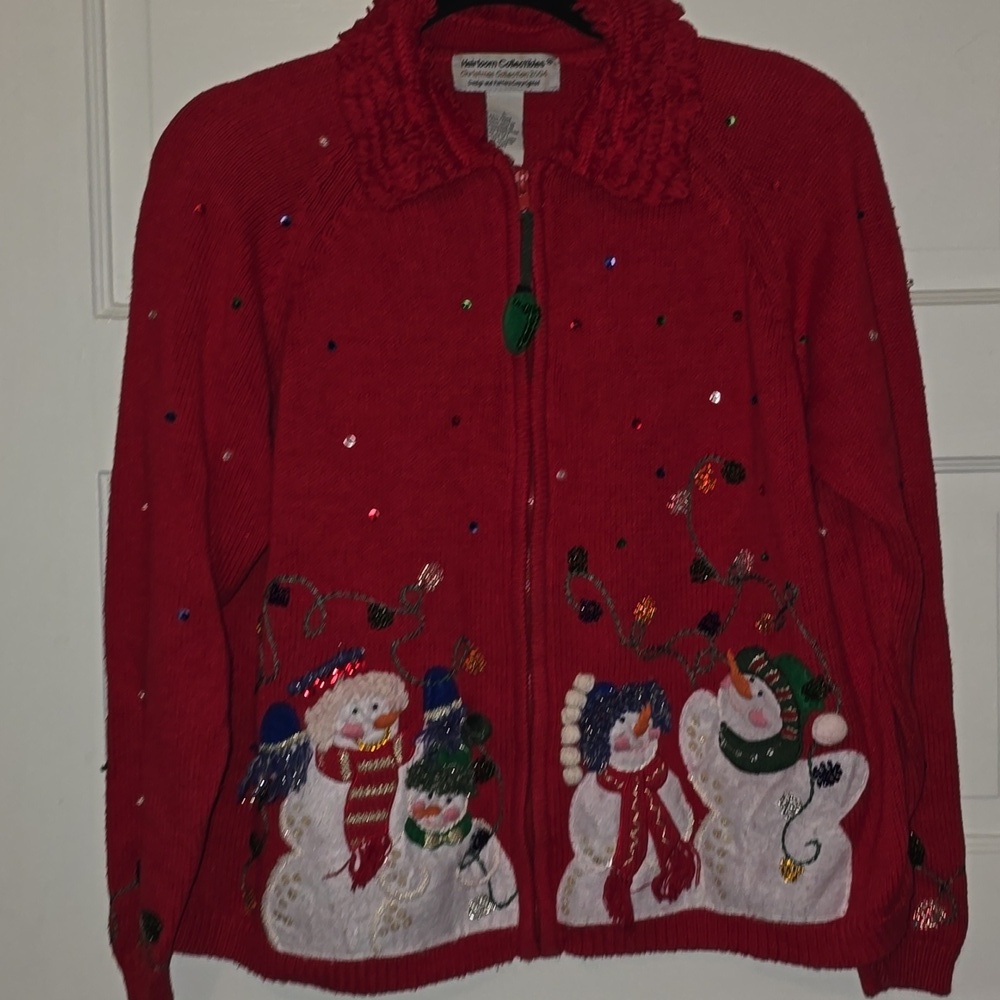 Heirloom Collectibles Ugly Christmas Full Zip Red Sweater ⛄️ Snowman Womens L